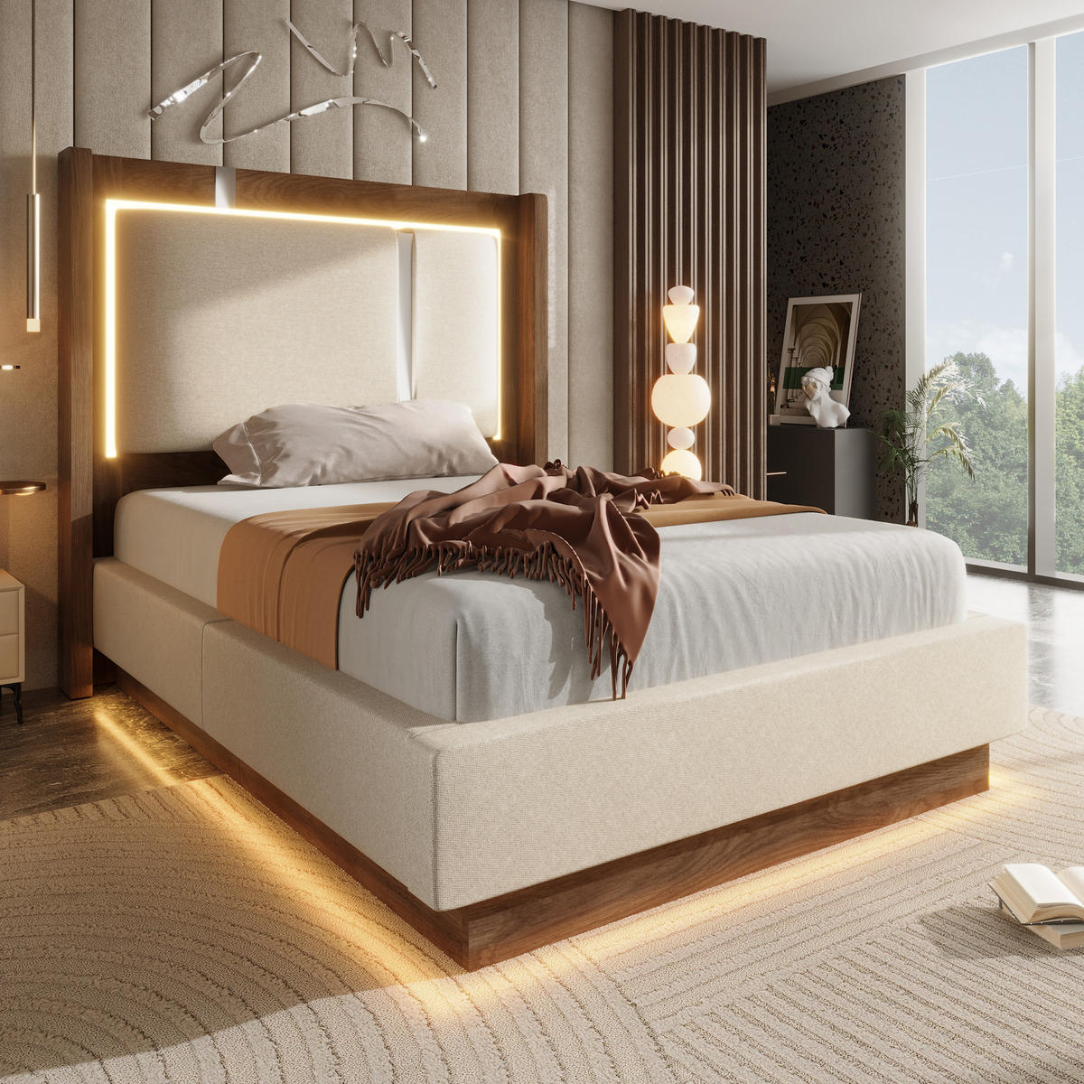 POLSTERBETT 90/200 cm in Beige Leinen mit LED und Bettkasten - Beige, Holzwerkstoff/Textil (90/200cm) - WISHDOR