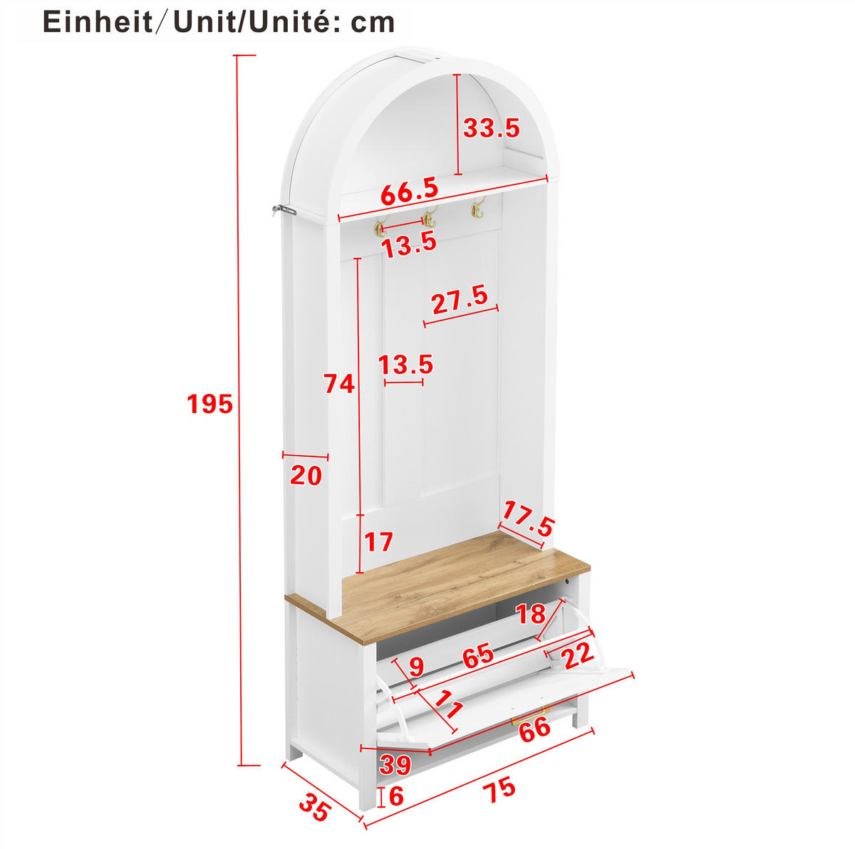 GARDEROBENSCHRANK 75/35/195 cm aus MDF mit Schuhfach und Haken Weiß/Holzfarben - Weiß, Holzwerkstoff (35/195/75cm) - Modenvie
