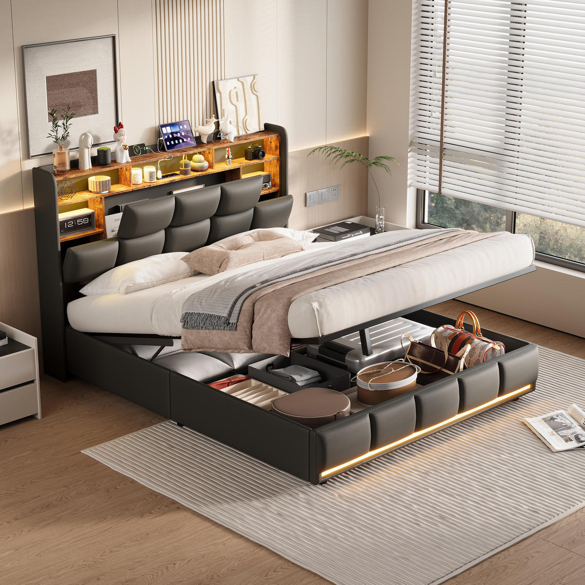 STAURAUMBETT Doppelbett 160x200 cm Kunstleder mit Stauraum LED und USB-Ladefunktion - Schwarz, Holz (160/200cm) - PARAFTA HOME