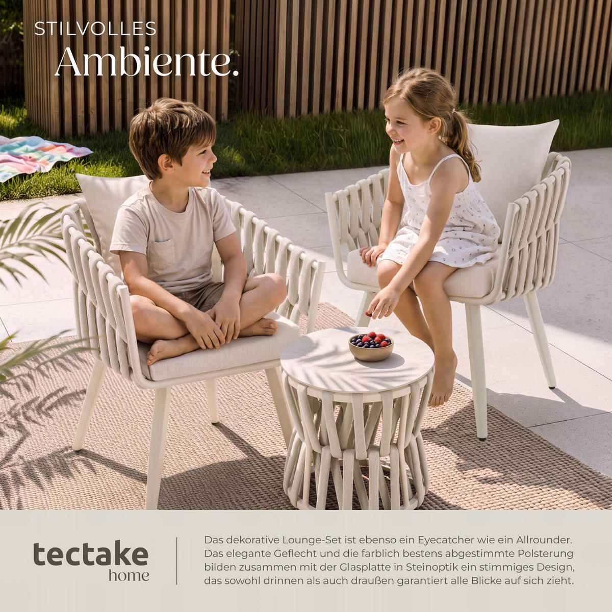 GARTENLOUNGE-SET ALUMINIUM Lugano, höhenverstellbare Kunststofffüße, Sicherheitsglasplatte, beige - Beige, Kunststoff - tectake