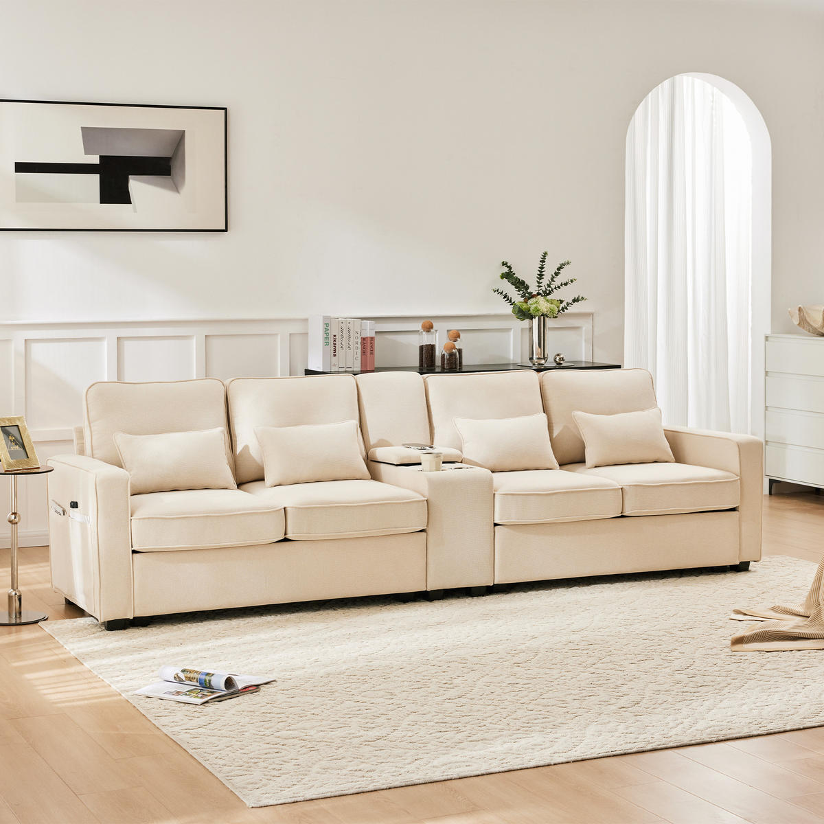 4-SITZER Sofa Leinenstoff mit Konsole USB-Anschluss und 2 Getränkehaltern 290/83/88 cm Beige - Beige, Textil (88/290/83cm) - Redom