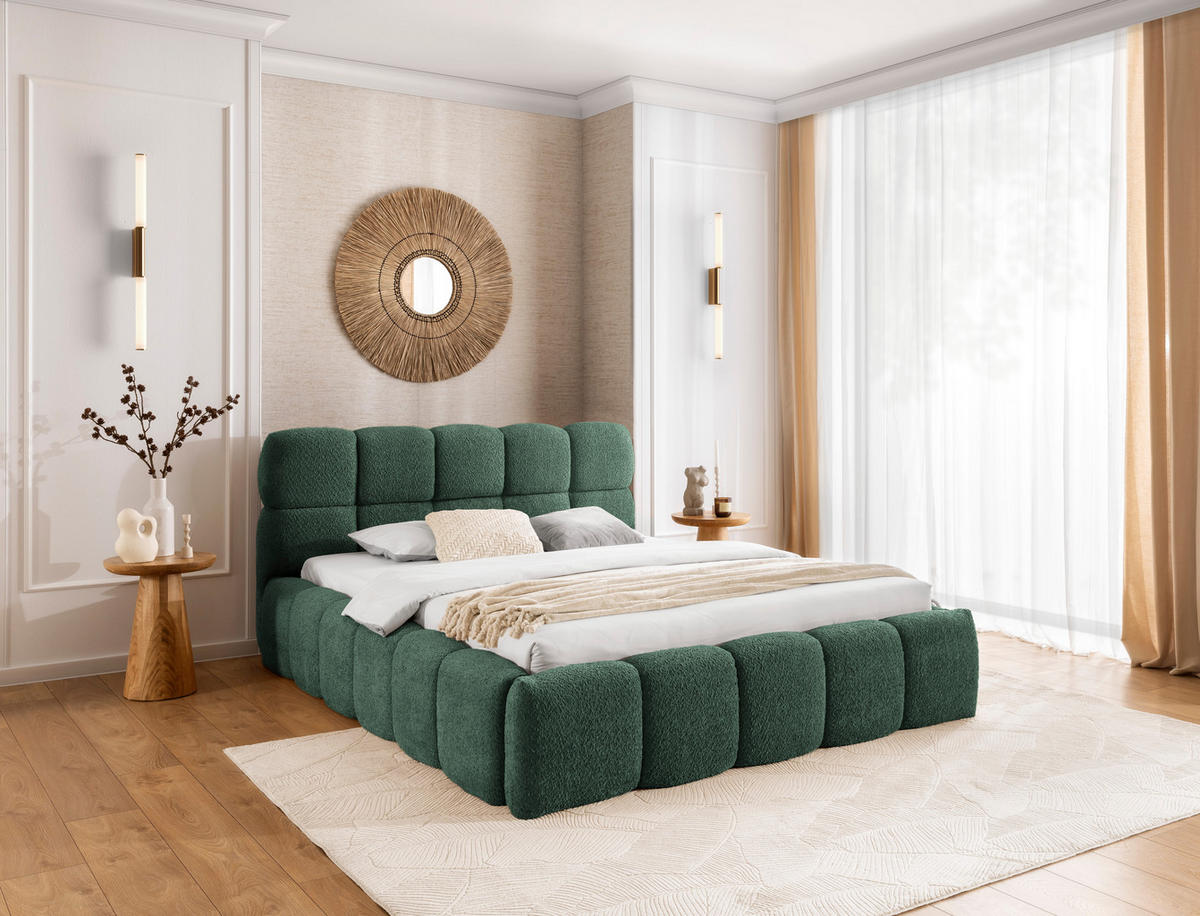 POLSTERBETT SOFIA 180x200 mit Bettkasten,Bubble,Doppelbett,Lattenrost,Boxspringbett-Optik,ohne Matratze-Flaschengrün - Smaragdgrün, Holz (180/200cm) - Furnistar