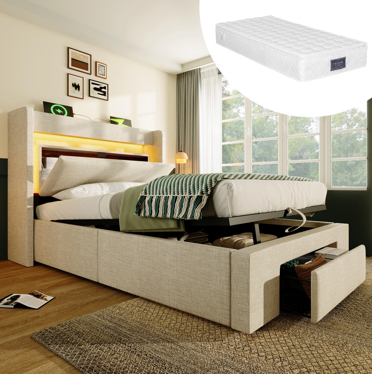 POLSTERBETT aus Leinen 90x200 cm Beige mit Bettkasten, Schublade, LED-Beleuchtung und USB-Anschlüssen - Beige, Textil (90/200cm) - IVMEU