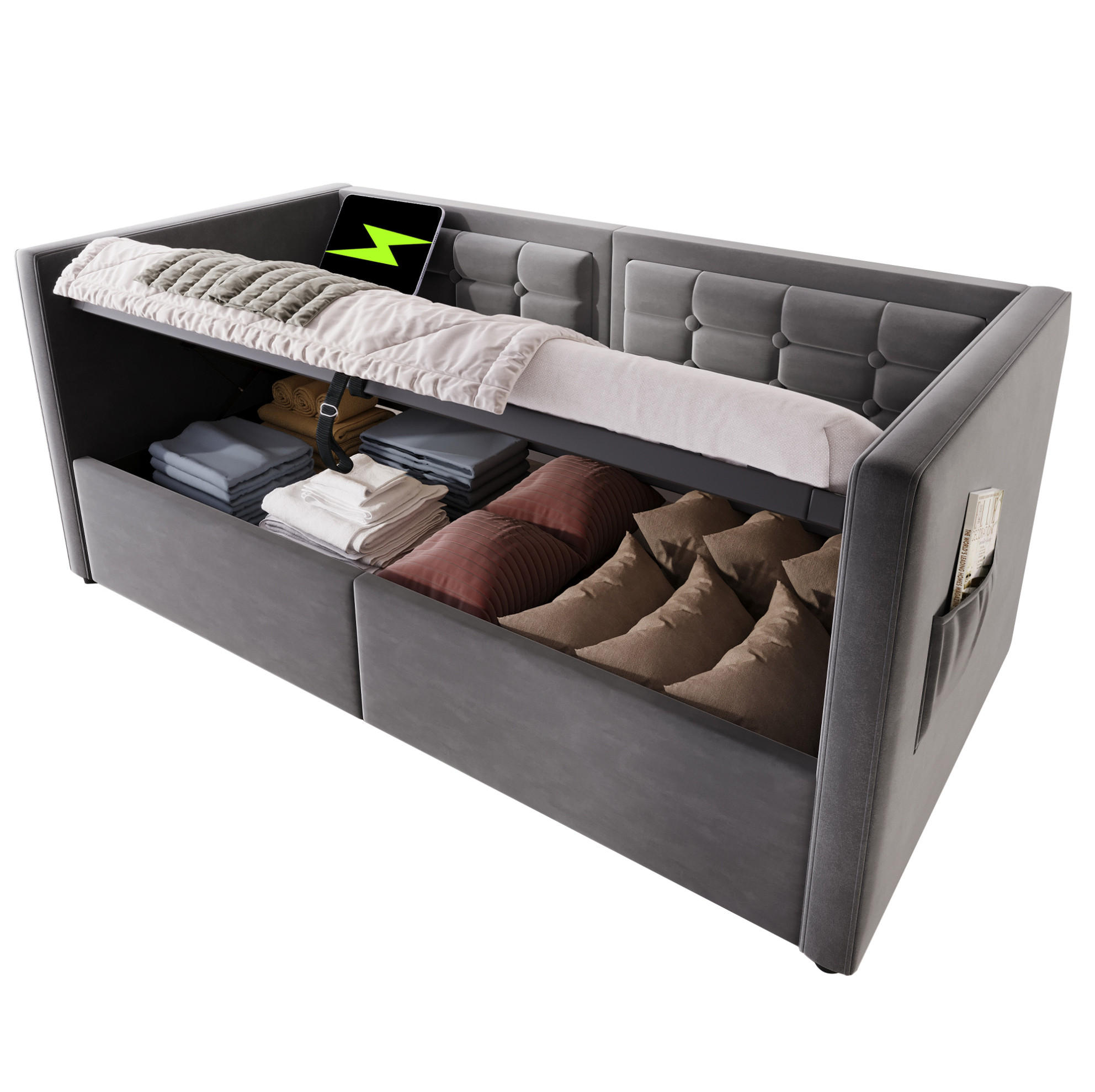 Redom ČALOUNĚNÁ postel 90/200 cm s hydraulickým úložným prostorem, USB a Type-C nabíjením, Šedá