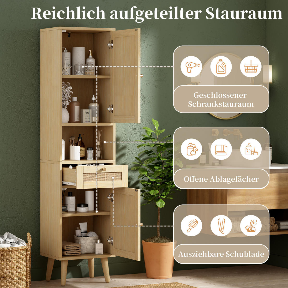 HOCHSCHRANK 40/30/166 cm Naturholz mit 1 Schubladen - Goldfarben/Naturfarben, Holz/Holzwerkstoff (30/166/40cm) - Oxeza
