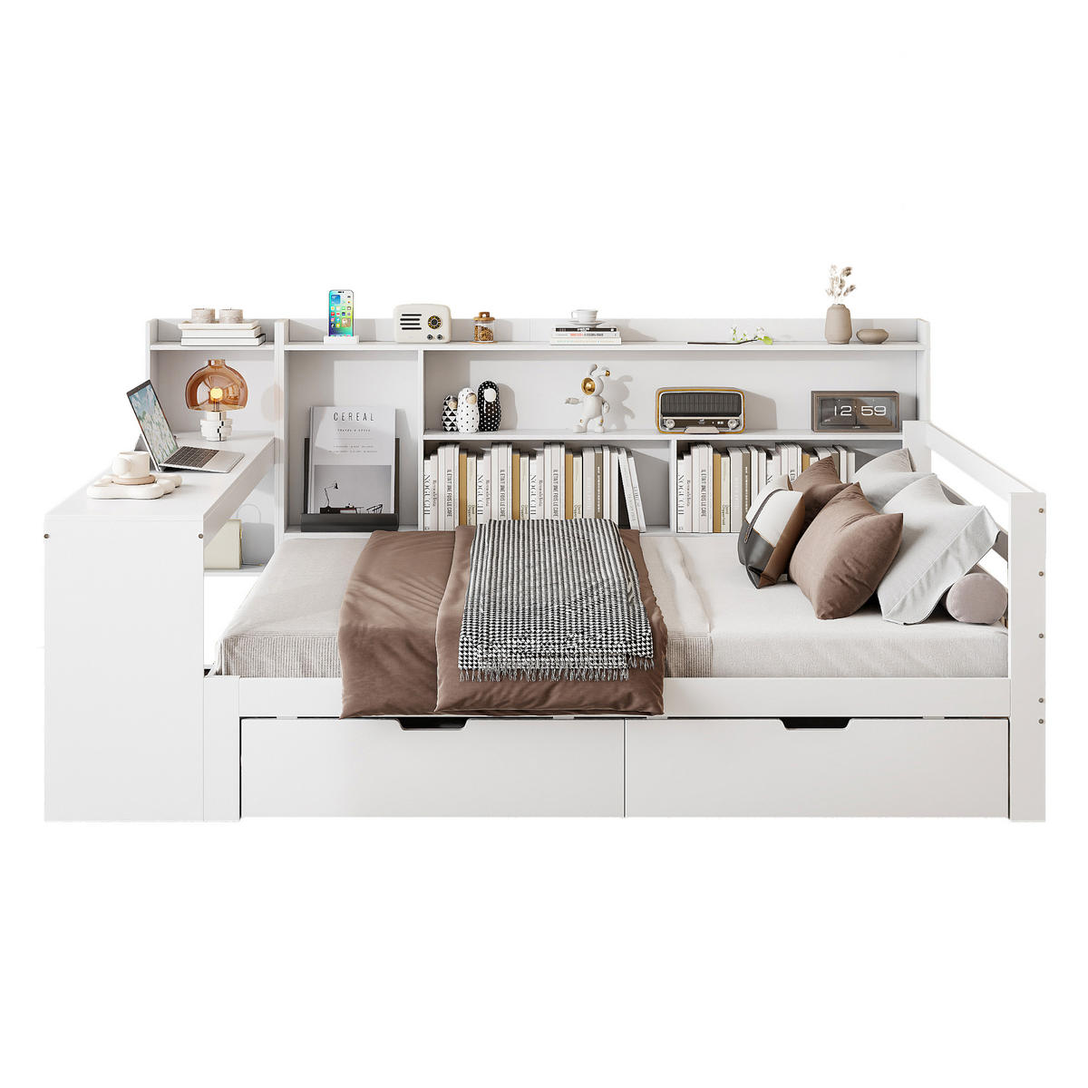 MULTIFUNKTIONSBETT 140/200 cm Weiß aus Massivholz mit Schreibtisch und Regalen - Weiß, Holz (140/200cm) - OKWISH