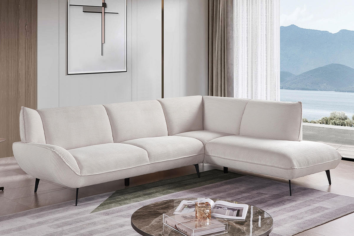 ECKSOFA CALLA Cremeweiß Cord - Creme/Schwarz, Textil (274/203cm) - KAWOLA