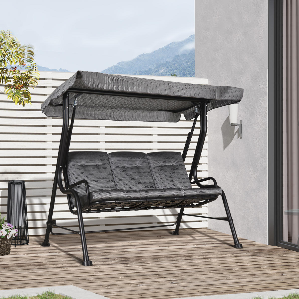 HOLLYWOODSCHAUKEL, Verstellbares Sonnendach, Texteline, Grau, 200 x 120 x 170 cm - Schwarz, Metall (120/170/200cm) - Outsunny