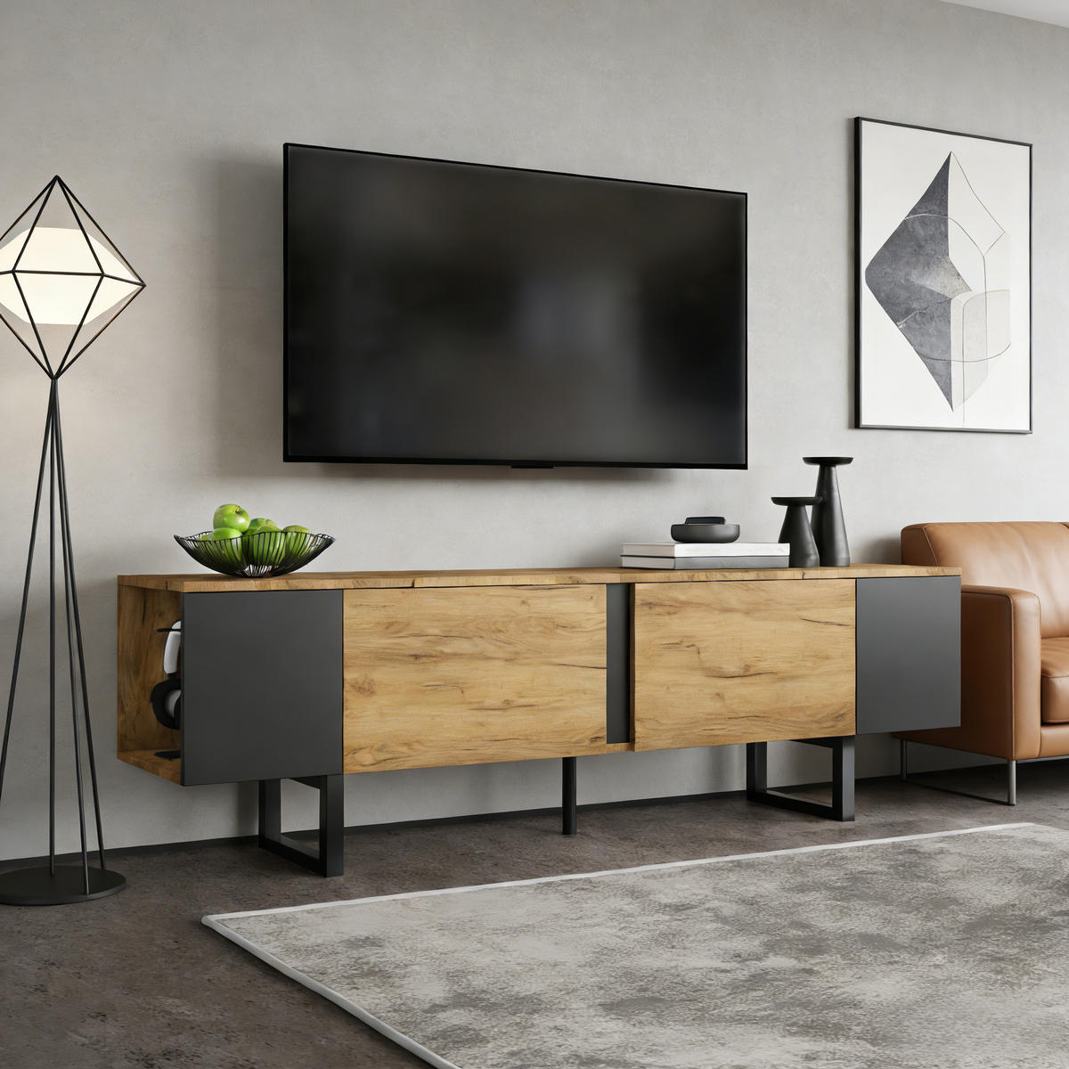 TV-LOWBOARD 180x40x55 cm 2 Schränke Offene Fächer Stauraum - Naturfarben, Holzwerkstoff (40/55/180cm) - FLIEKS