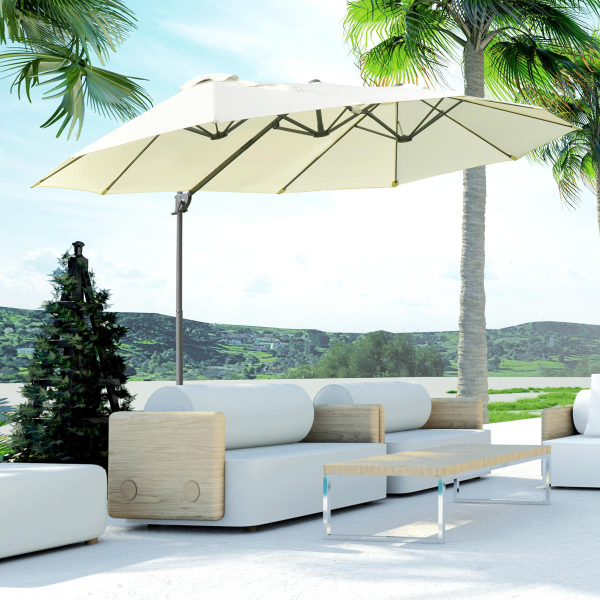 DOPPELSONNENSCHIRM, Ampelschirm mit Kurbel, Verstellbarer Gartenschirm, Metall, Cremeweiß - Beige, Metall (270/460cm) - Outsunny