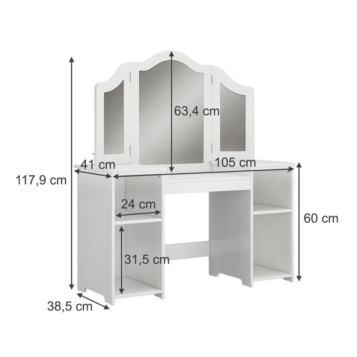SCHMINKTISCH FÜR KINDER Estella Weiß 105 x 117.9 cm Mit Spiegel - Weiß, Holzwerkstoff (105/117.9/41cm) - Vicco