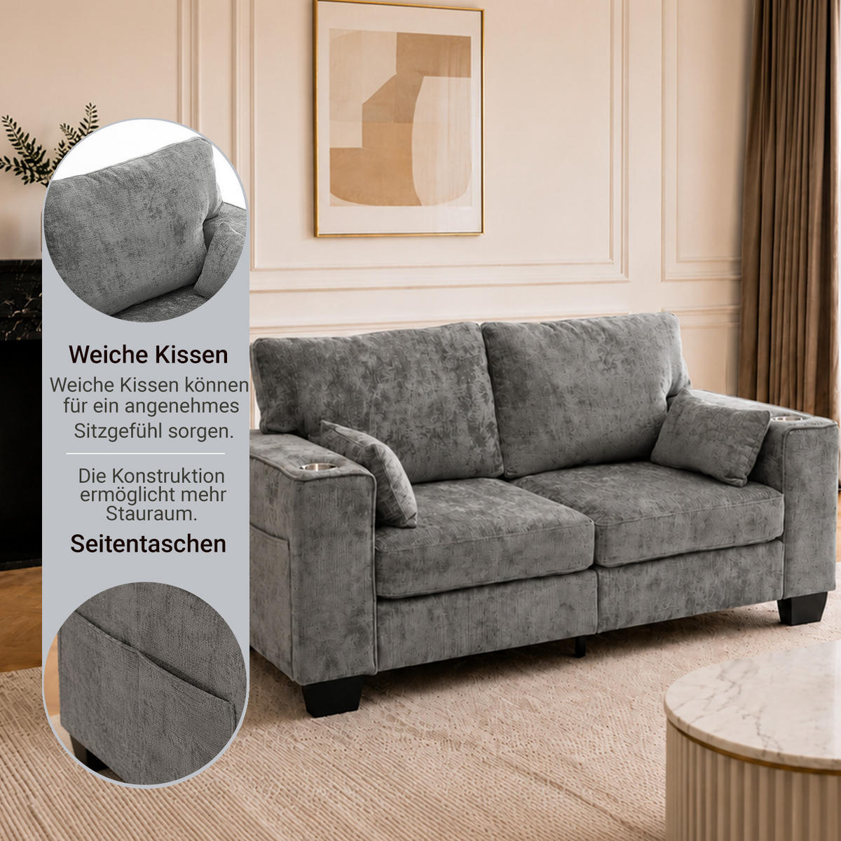 2-SITZER-SOFA 182 cm Chenille mit Getränkehaltern, DE-42913, Dunkelgrau - Dunkelgrau, Holz (182/96/79cm) - ComfortXL