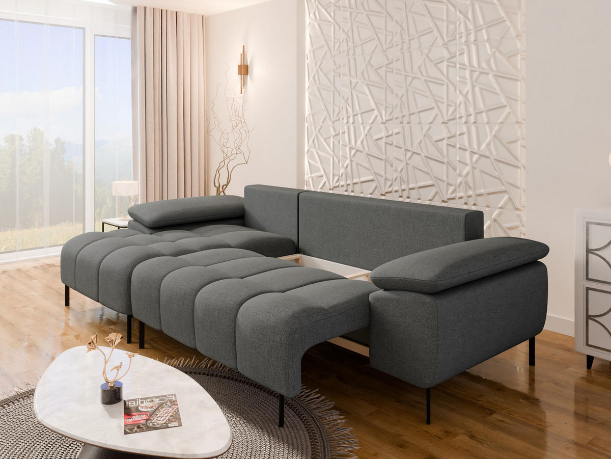 ECKSCHLAFSOFA 4-Sitzer DOLUS – Modernes Ecksofa mit Schlaffunktion Links montierbar, Graphitfarben - Graphitfarben, Holz (141/277cm) - Panda Möbel