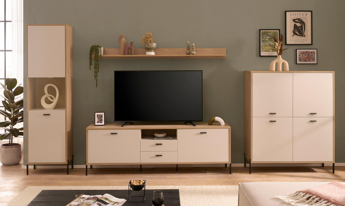 WOHNWAND Kaschmir, Eiche 384 cm Set 4-teilig, Wohnkombination mit Soft-Close - Kaschmir/Eichefarben, Glas/Holzwerkstoff (384/204/40cm) - Furn.Design