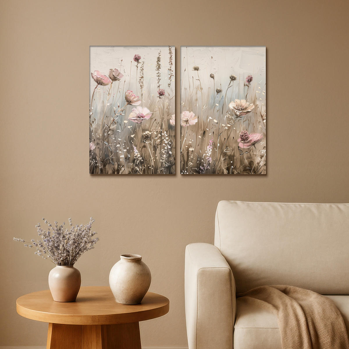 LEINWANDBILD 2er Set Blumen - Beige - Modern - Rosa 80x60 cm - Ecru, Textil (80/60cm) - MuchoWow