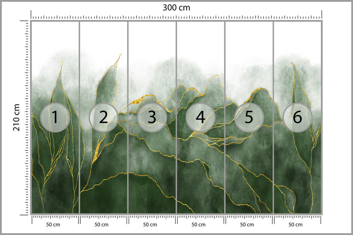FOTOTAPETE für Schlafzimmer Abstrakte Grüne Aqwarell Blätter Glamour 300x210 - Gelb/Grau, Papier (300/210cm) - Muralo