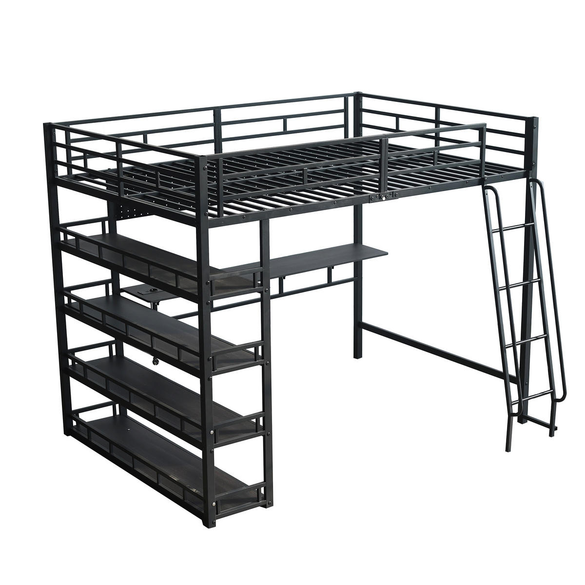 HOCHBETT 140/200 cm schwarz aus Eisen und Spanplatte mit Ablagen und Ladeanschluss - Schwarz, Metall (140/200cm) - OKWISH