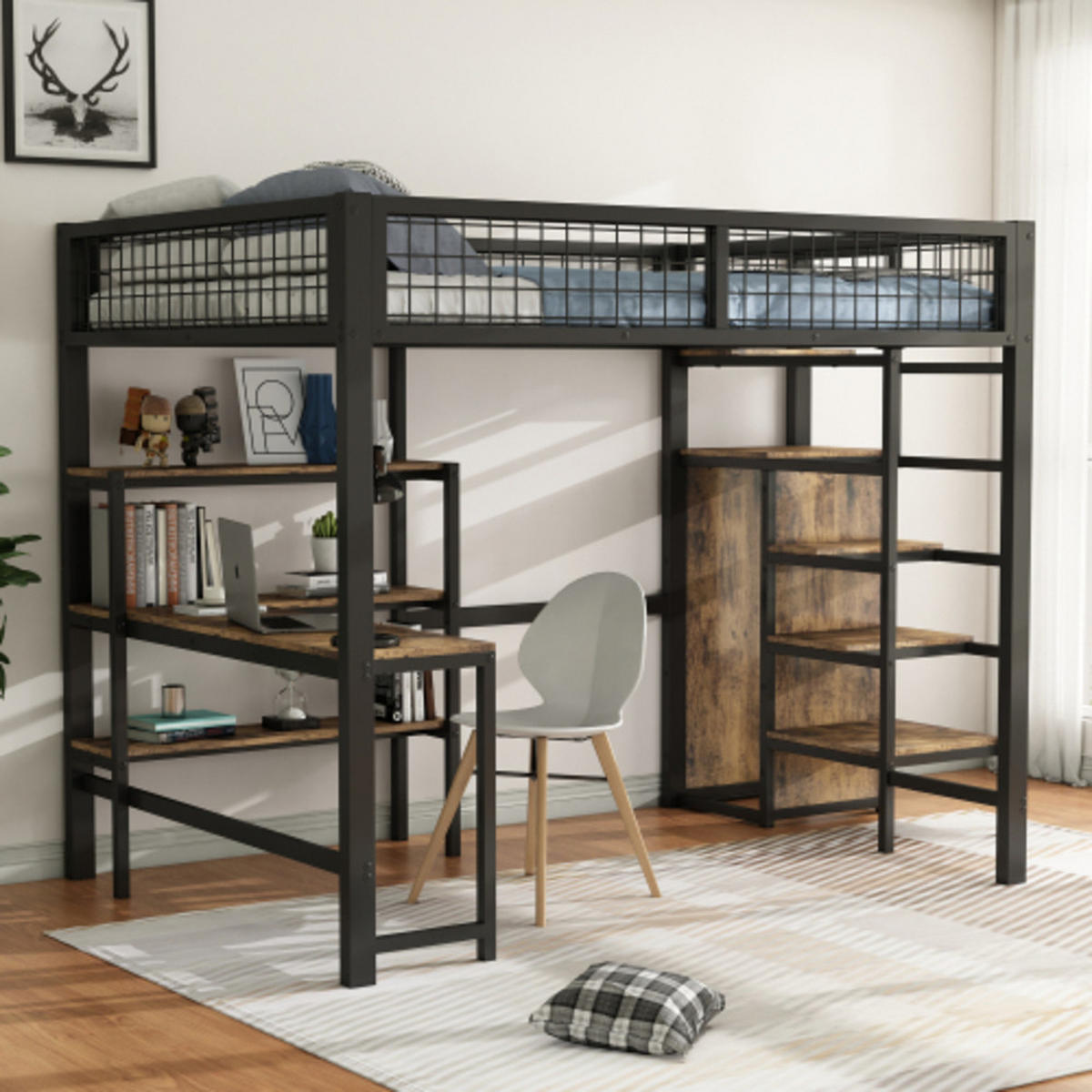 HOCHBETT 140 × 200 cm aus Metall und MDF mit Schreibtisch, Regalen und Kleiderschrank, schwarz - Schwarz, Holzwerkstoff - Luhomfu