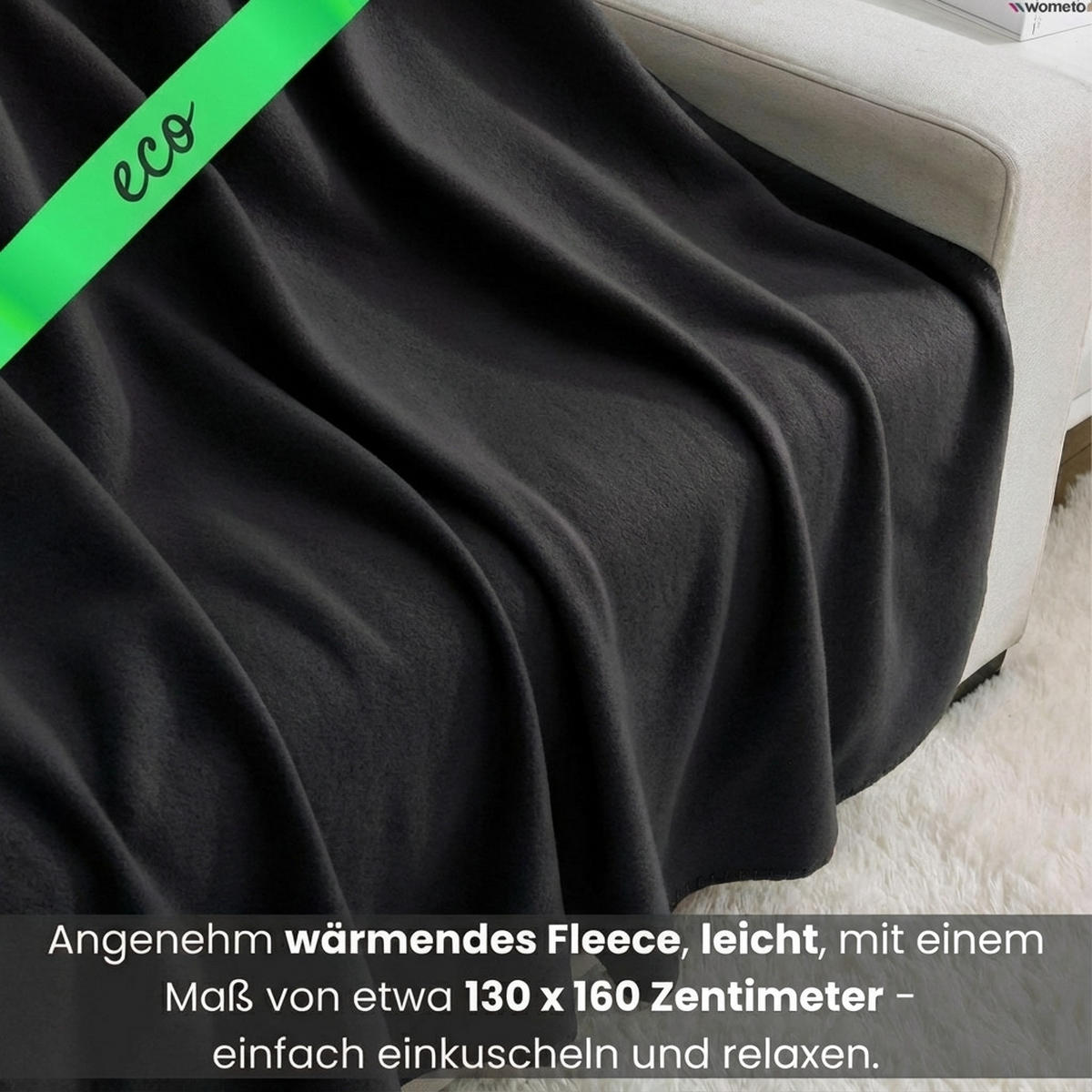 2ER Set Fleecedecken 130x160 eco-line aus 100% recyceltem Material schwarz - Schwarz, Textil (130/160cm) - wometo