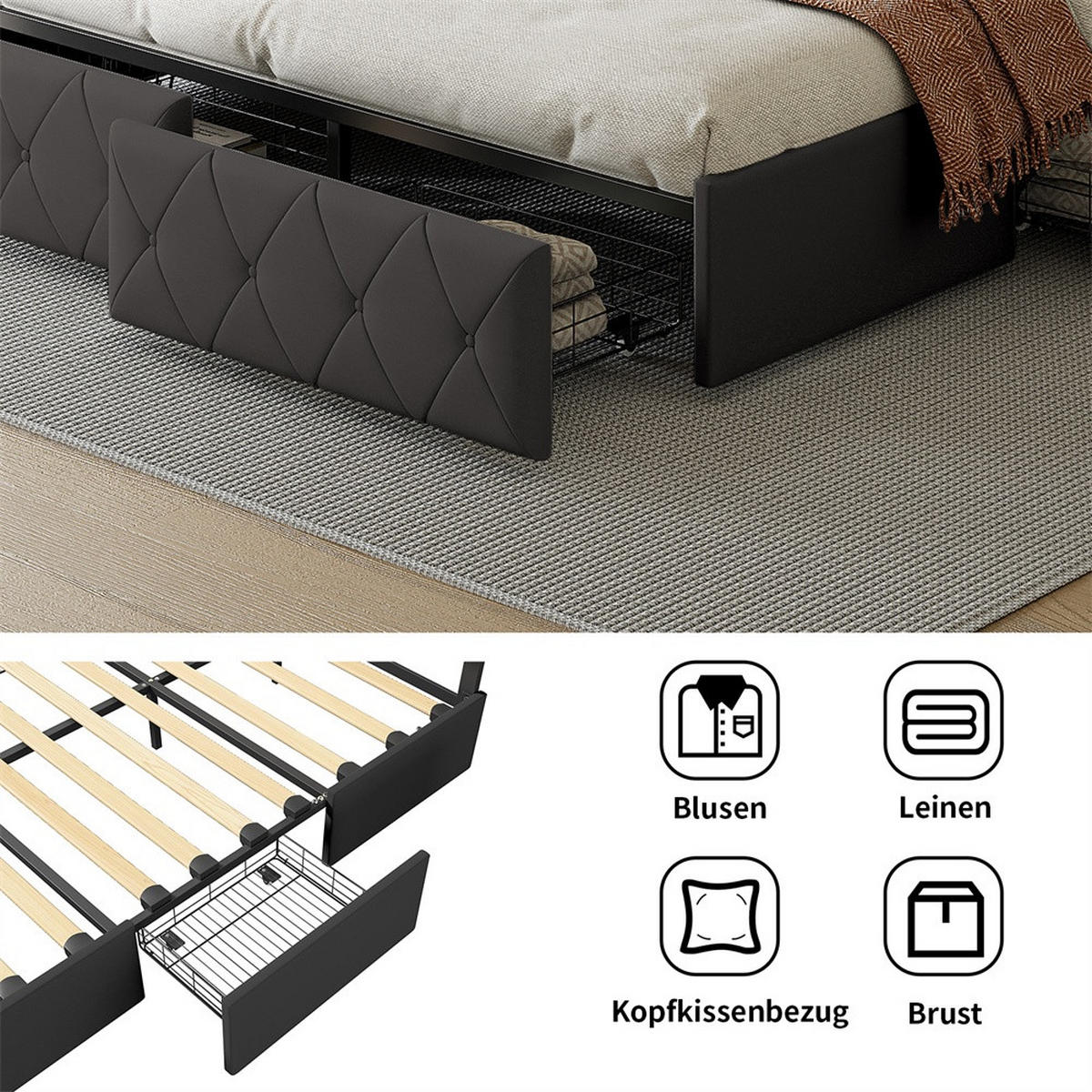 POLSTERBETT 140x200 cm - Doppelbett mit 4 Schubladen und LED-Kopfteilbeleuchtung - Grau - ohne Matratze - Grau, Textil (140/200cm) - DELFA