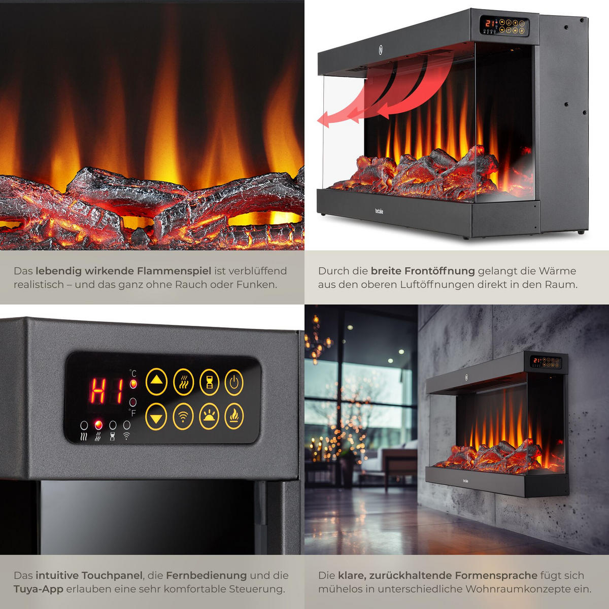ELEKTRO-WANDKAMIN Luciano,mit Fernbedienung und App-Steuerung, integriertes Thermostat,schwarz - Schwarz, Metall (91.4/38/24.5cm) - tectake