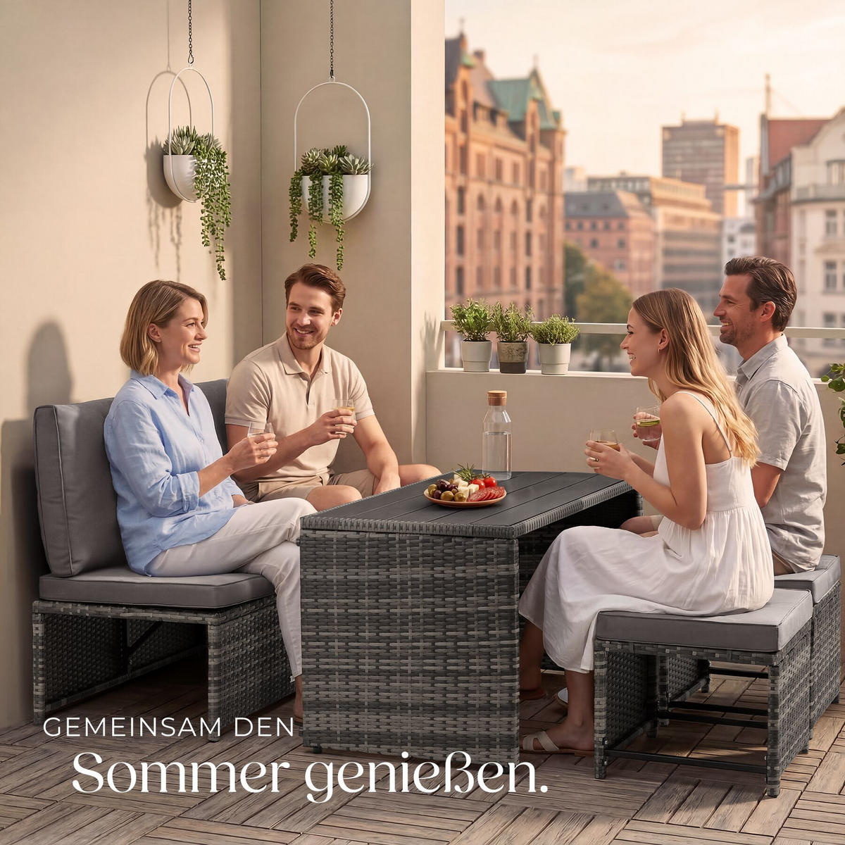 2-IN-1-RATTANLOUNGE-SET Monopoli, höhenverstellbare Tischfüße, grau - Grau, Kunststoff - tectake