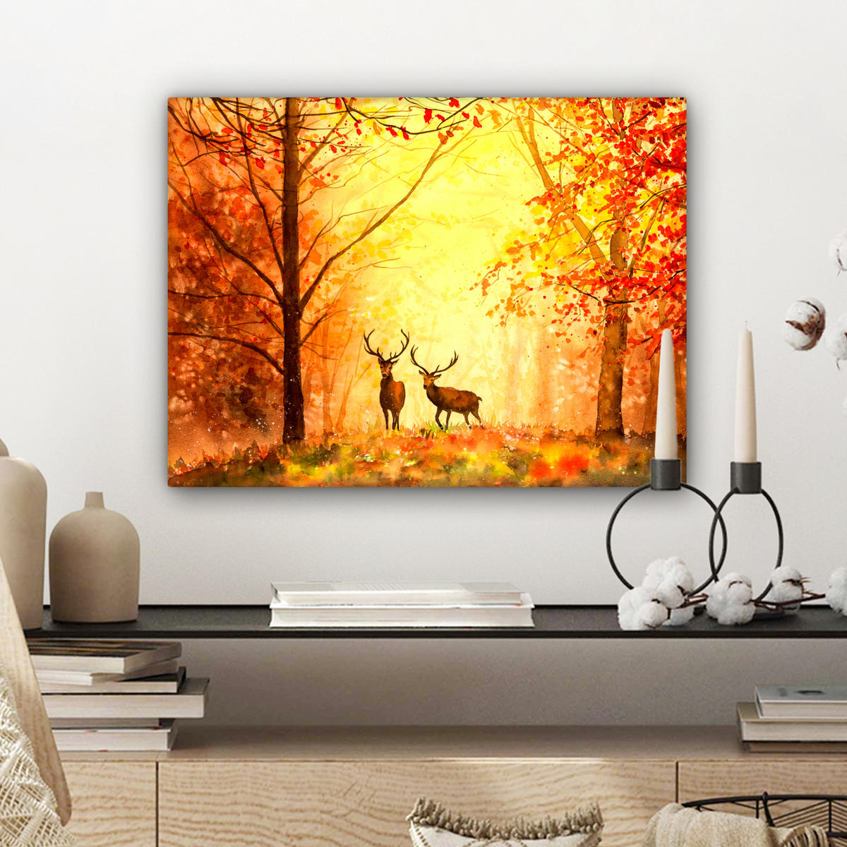 LEINWANDBILD Natur - Ölfarbe - Hirsche - Tiere - Herbst - Orange 40x30 cm - Orange, Textil (40/30cm) - MuchoWow