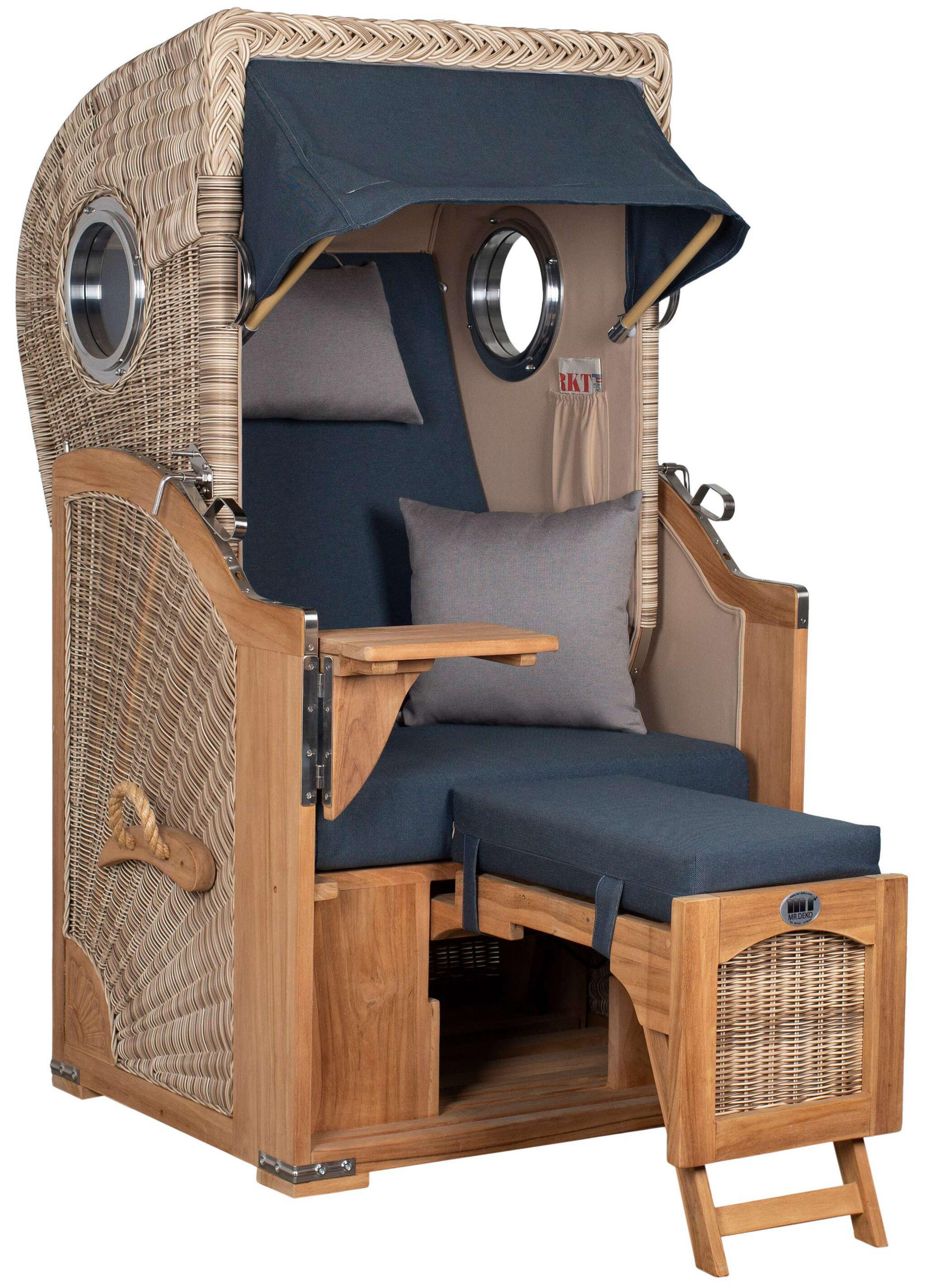 STRANDKORB Düne 1 Sitzer Teak PE Shell - Blau/Braun, Holz/Textil (96/165/80cm) - Mr. Deko