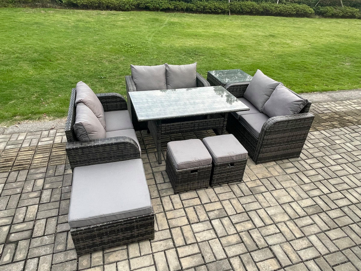 SITZGRUPPE mit Esstisch,Zweisitzer,3 Hockern,Beistelltisch Polyrattan 9-Sitzer - Dunkelgrau/Grau, Glas/Kunststoff - Fimous