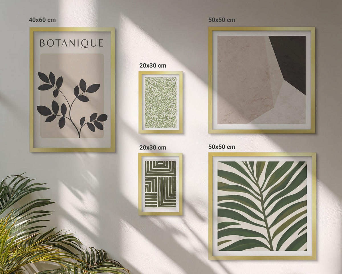 BILDER SET 5er Set - 50x50 cm & 20x30 cm & 40x60 cm Goldrahmen - Botanische Boho-Kompositionen - Goldfarben, Kunststoff (40/60cm) - TULUP