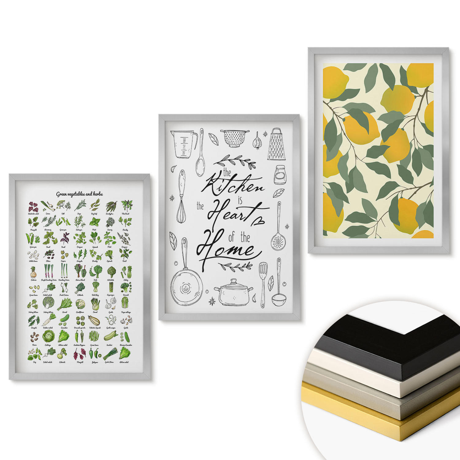 WANDBILDER 3er Set - 40x60 cm Silberner Rahmen - Bemalte Zitronen-Küchenkräuter - Silberfarben, Kunststoff (40/60cm) - ArtPrintCave