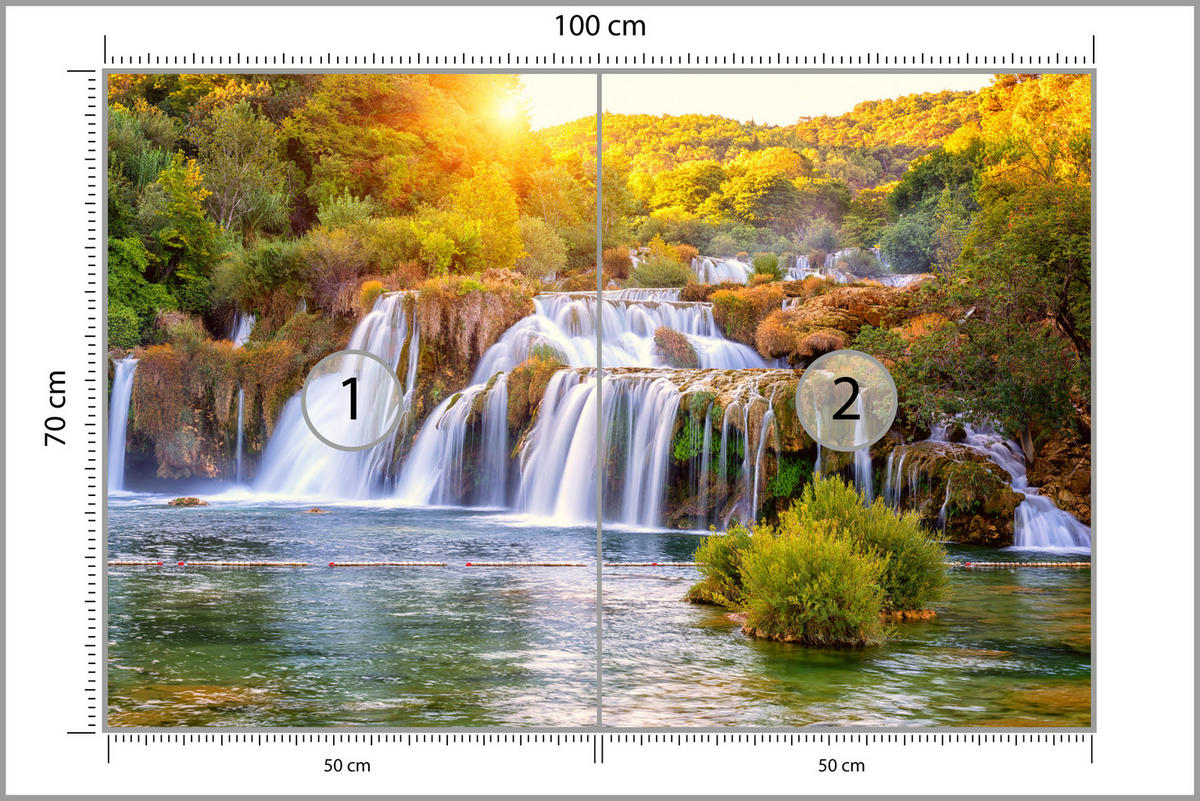 FOTOTAPETE für Esszimmer Wasserfall Sonnenaufgang Morgenlicht Bäume 100x70 - Gelb/Beige, Papier (100/70cm) - Muralo