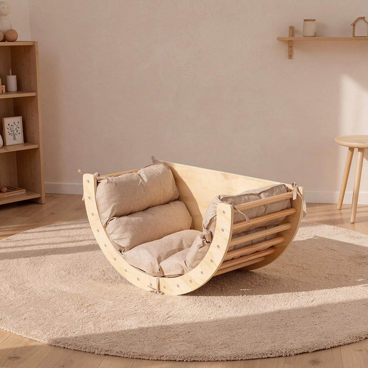 KINDERWIPPE NALAN - Holzfarben, Kinderwippe mit Hocker und Auflage - Naturfarben, Holz (50/50/90cm)