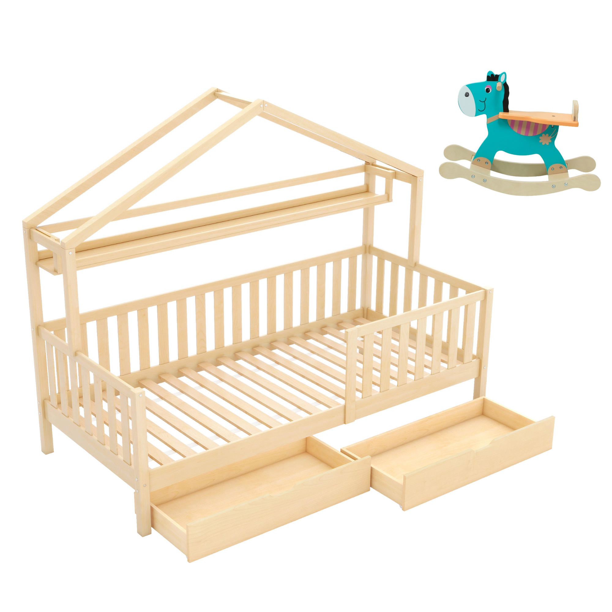 KINDERBETT HAUSBETT 90x200 massivholz in natur mit 2 schubladen & GRATIS schaukeltier - Naturfarben, Holz (90/200cm) - Urban Meuble