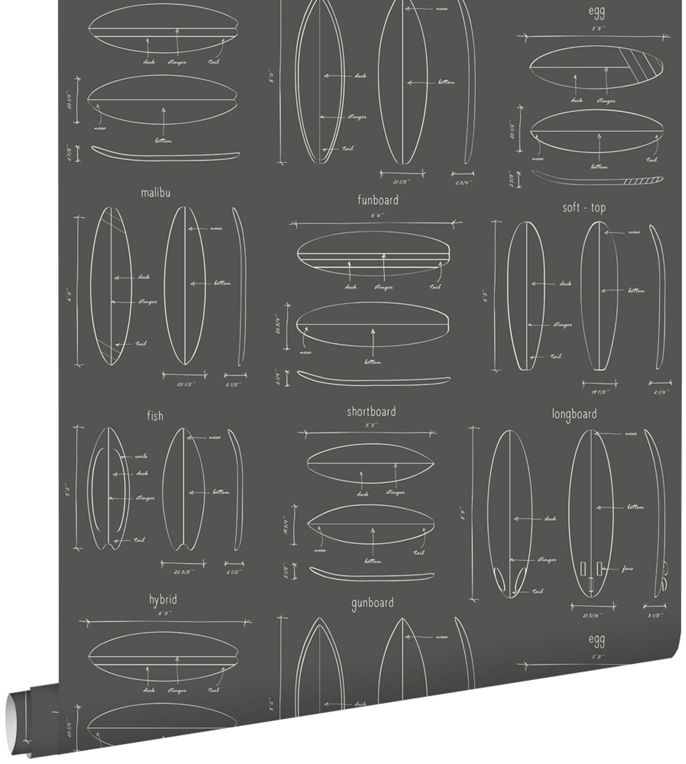 TAPETE technische Zeichnungen von Surfbrettern 53 cm x 10.05 m - Schwarz, Papier (53/0.1cm) - ESTAhome