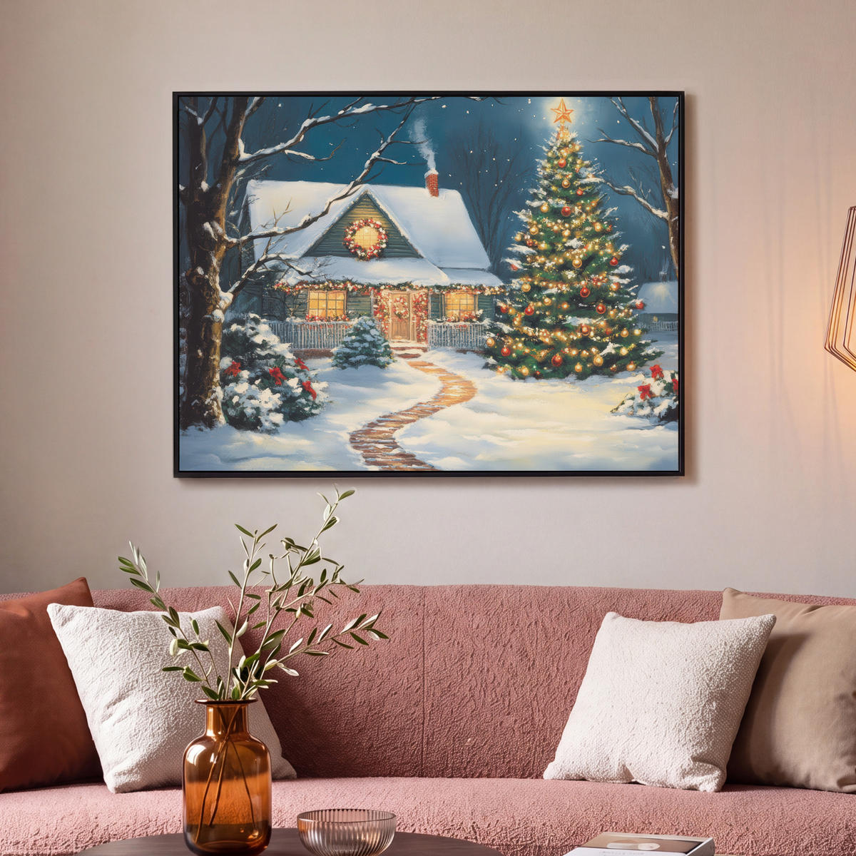 LEINWAND Bilder mit Rahmen - Weihnachten - Weihnachtsbaum - Winter - Zuhause - Schnee - 100x70 - Smaragdgrün, Textil (100/70cm) - MuchoWow