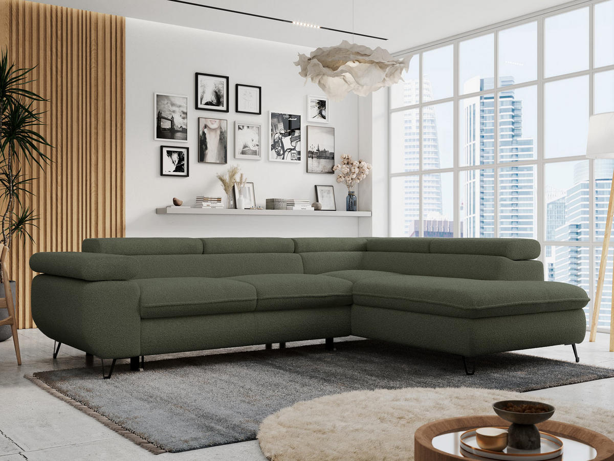 ECKSOFA PETER L Grün Boucle - Rechts Seite - Schwarz/Grün, Textil/Metall (273/208cm) - MKS