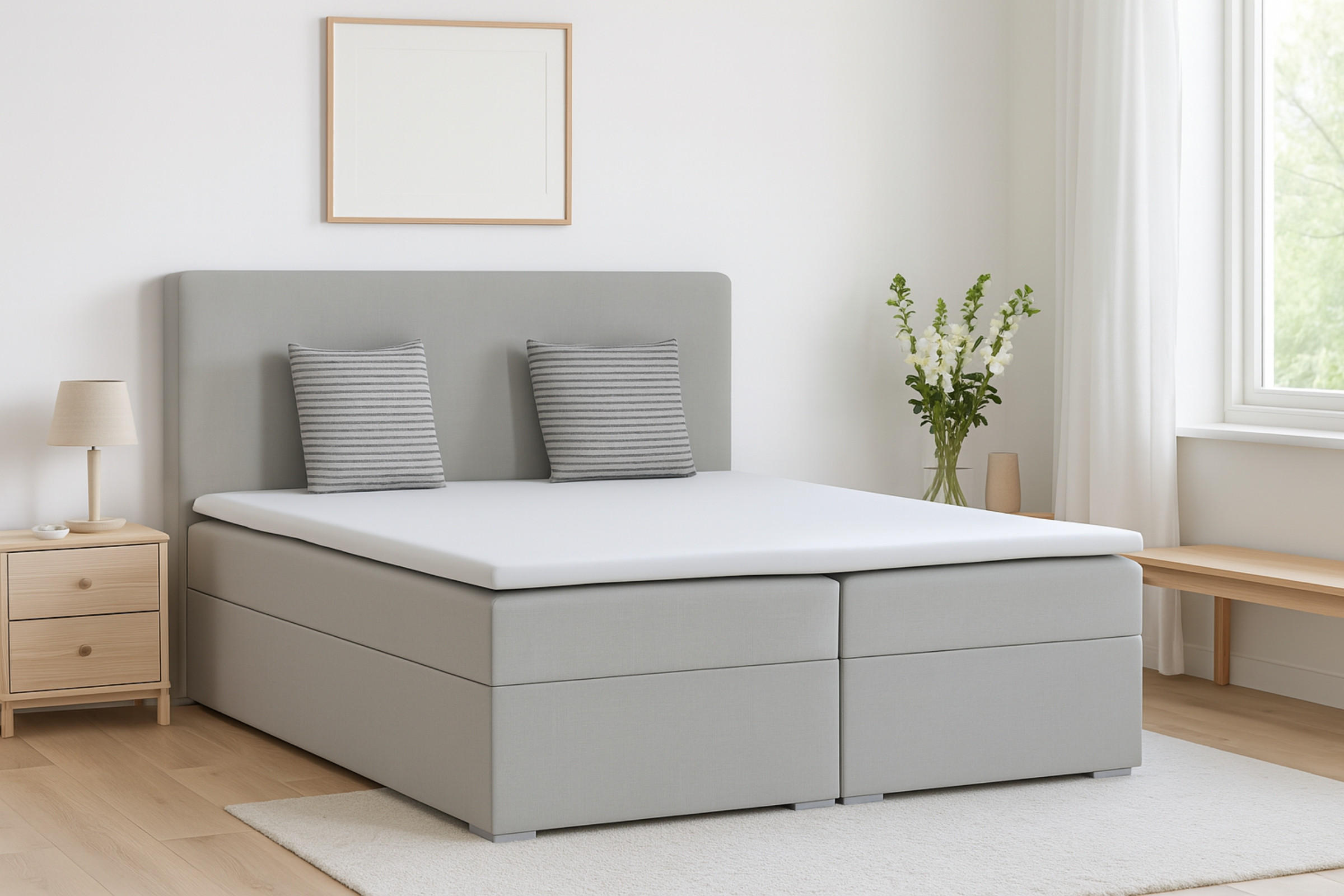 BOXBETT BASIC 200/200 Velours Hellgrau mit Taschen-Federkernmatratzen 7 Zonen H4 - Hellgrau, Holz/Holzwerkstoff (200/200cm) - Deine Möbel 24