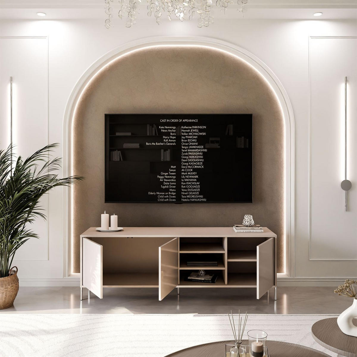 TV-SCHRANK SANAYI Kaschmir Hochglanz – gerade silberne Beine - Kaschmir, Holzwerkstoff (156/60/38cm) - Lookway