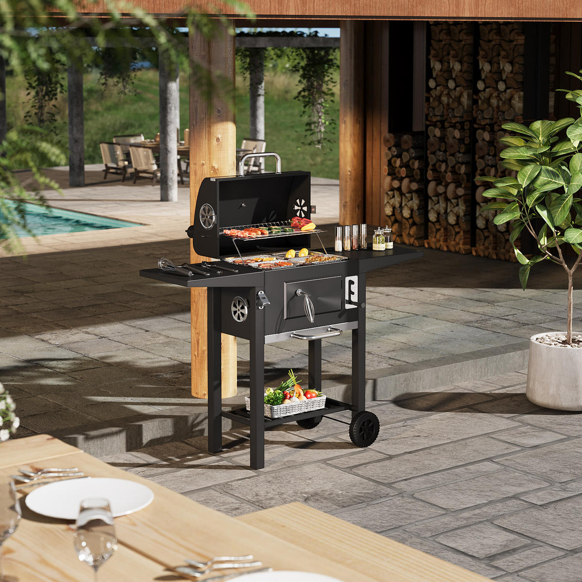 HOLZKOHLEGRILL aus Karbonstahl in Schwarz für das Outdoor-Kochen Belüftung Mobilität 109 cm B × 46 cm T × 106,5 cm H - Schwarz, Metall (109/106.5/46cm) - Livingandhome