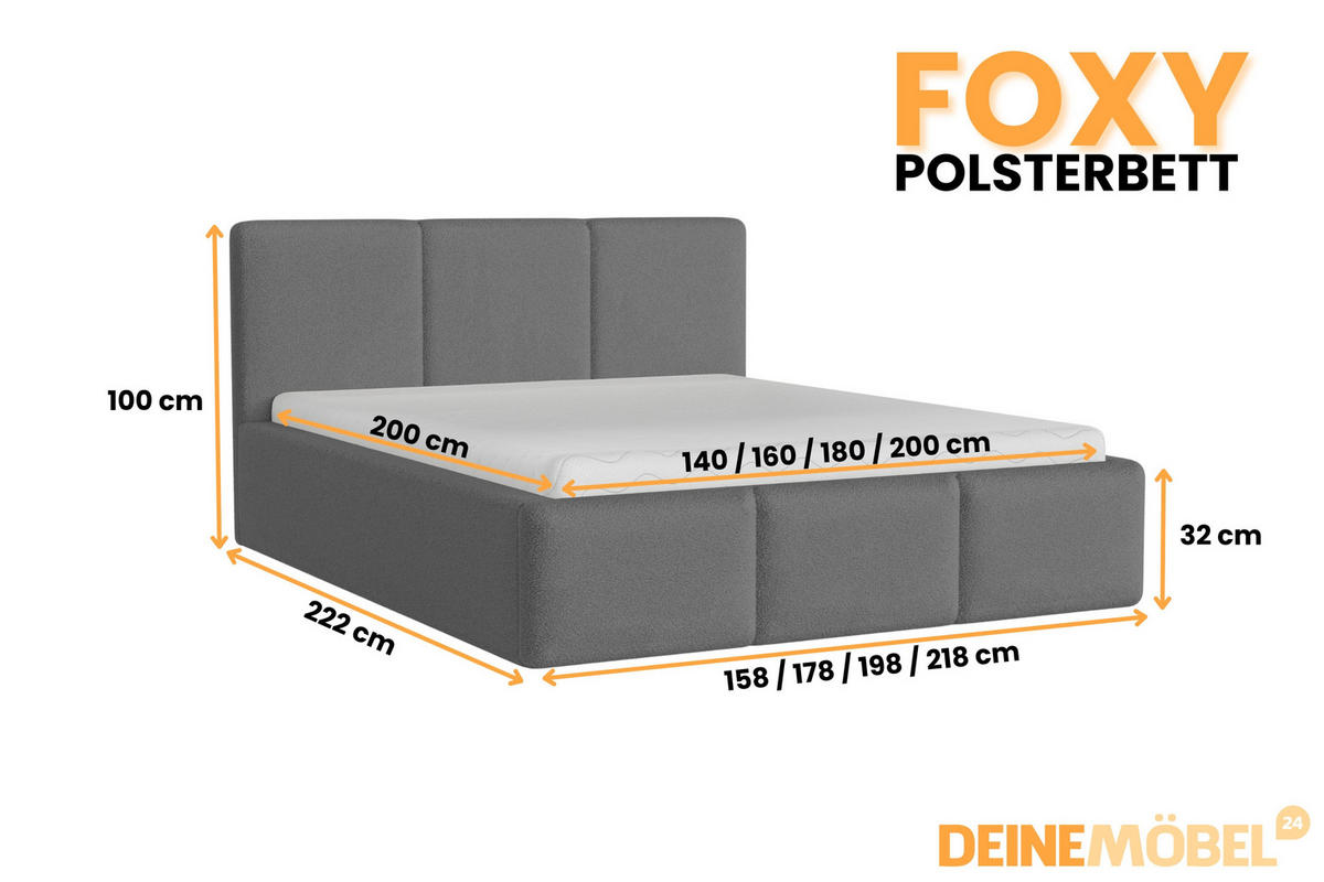 POLSTERBETT FOXY 160/200 in Boucle Grau - Grau, Holz/Holzwerkstoff (160/200cm) - Deine Möbel 24