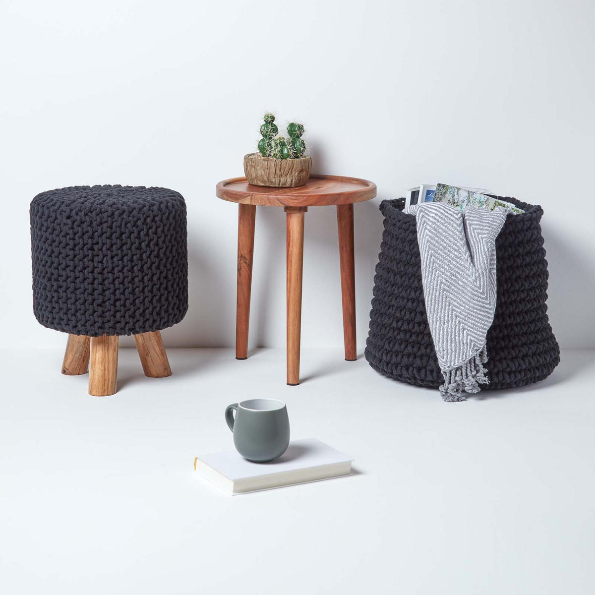 STRICK-HOCKER schwarz, Dreibein 32/32/42 cm - Schwarz, Textil (32/42/32cm) - Homescapes