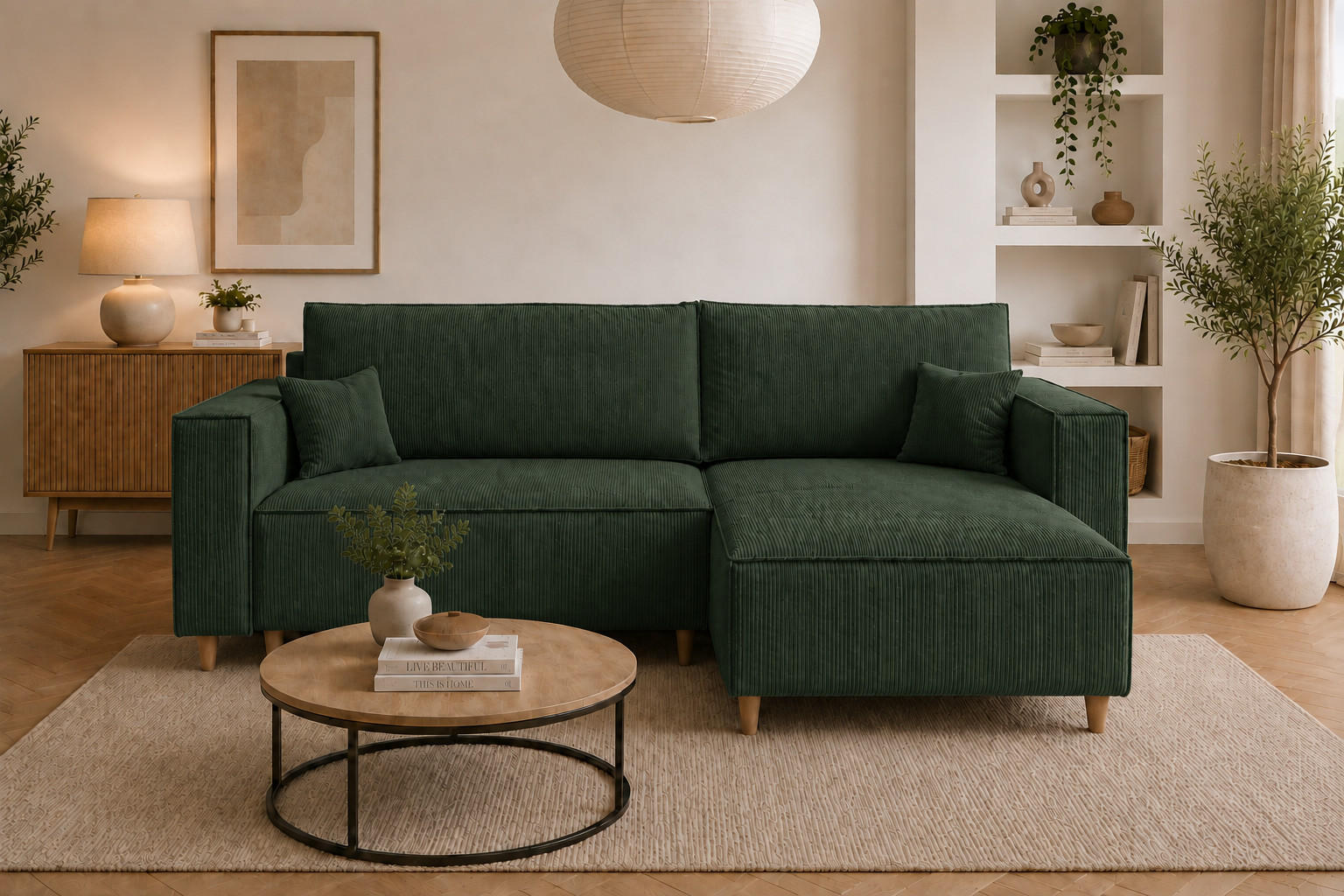 ECKSOFA mit Schlaffunktion und Bettkasten Rio, Ecksofa Cordstoff Grün, Ottomane Universal, 249x142 cm - Grün, Textil (249/142cm) - Marpur