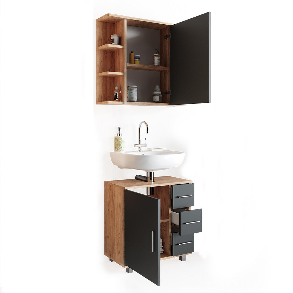 BADMÖBEL-SET Ilias Eiche 2 Teile - Eichefarben/Anthrazit, Holzwerkstoff (60/60.8/33cm) - Vicco