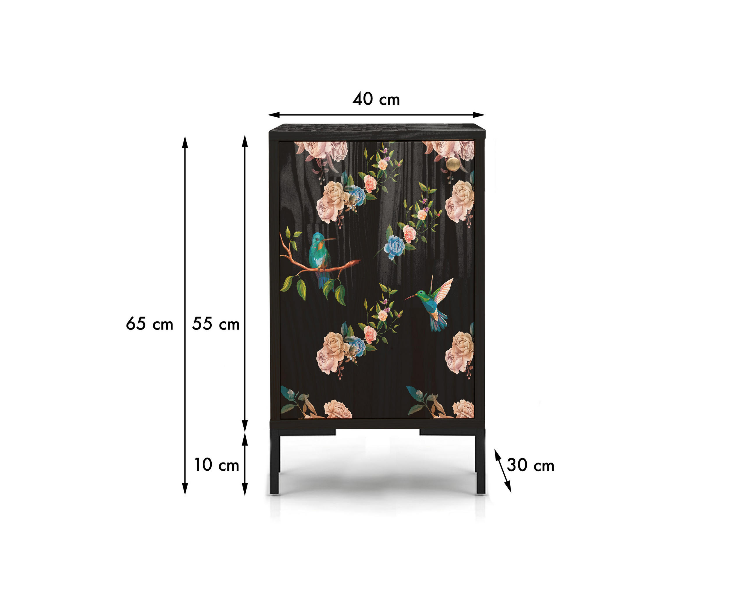 NACHTTISCH aus MDF mit Blumenmuster auf schwarzem Hintergrund COLIBRI - Schwarz/Rosa, Holzwerkstoff (30/65/40cm) - RNT By Really Nice Things