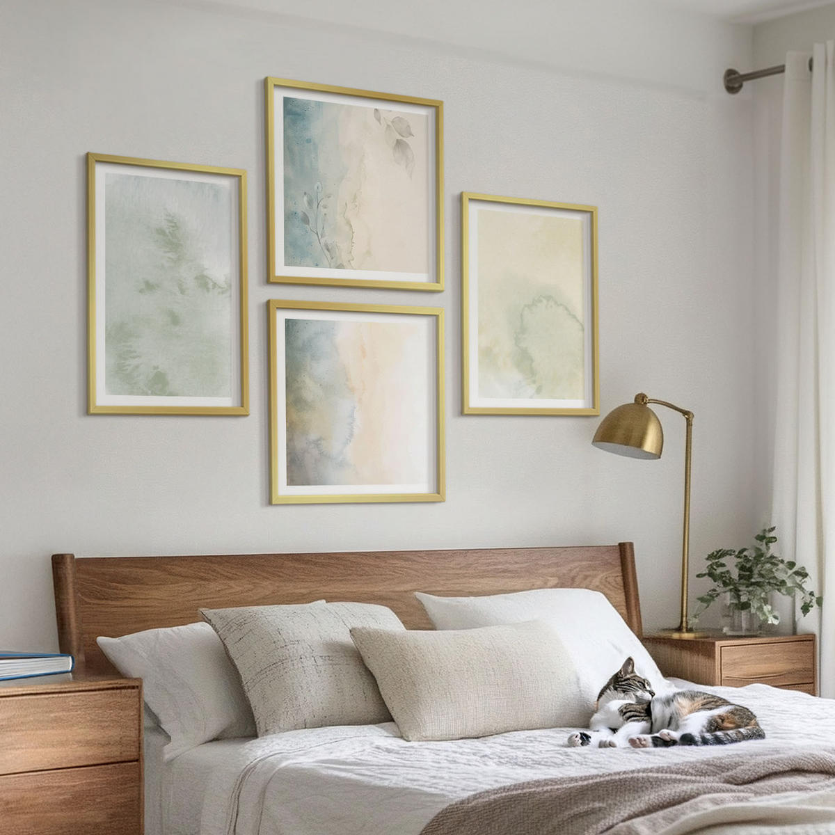 BILDER SET 4er Set - 50x50 cm & 40x60 cm Goldrahmen - Pastellfarbene Aquarell-Leinwandtextur - Goldfarben, Kunststoff (50/50cm) - TULUP