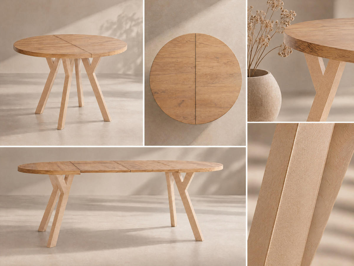 STÔL Avero Okrúhly Rozkladací s Bukovými Nohami – Kašmír – 100-200/100/77 cm - svetlohnedá/biela, drevo/kompozitné drevo (100/200/76.5cm) - WFL GROUP