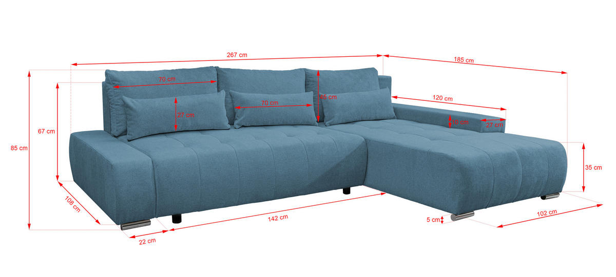 ECKSOFA Bloom mit Bettkasten und Schlaffunktion L-Form - Blau, Textil (267/185cm)