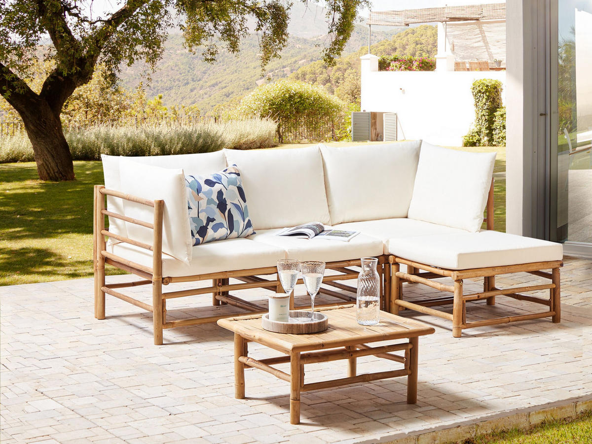 LOUNGE SET 4-Sitzer Bambusholz hellbraun 3-teilig Auflagen cremeweiß Cerreto - Creme, Holz - Beliani