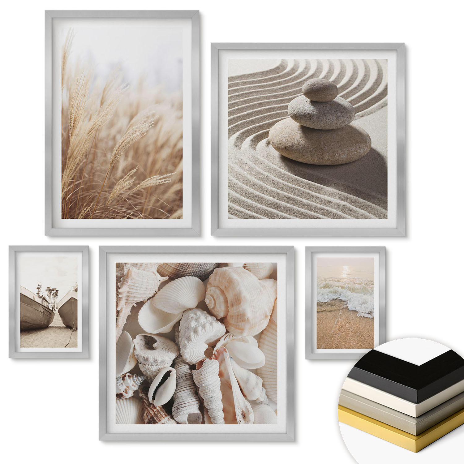 WANDBILDER 5er Set - 50x50 cm & 20x30 cm & 40x60 cm Silberner Rahmen - Wolkenmeer, Traumfänger, Gras - Silberfarben, Kunststoff (40/60cm) - ArtPrintCave